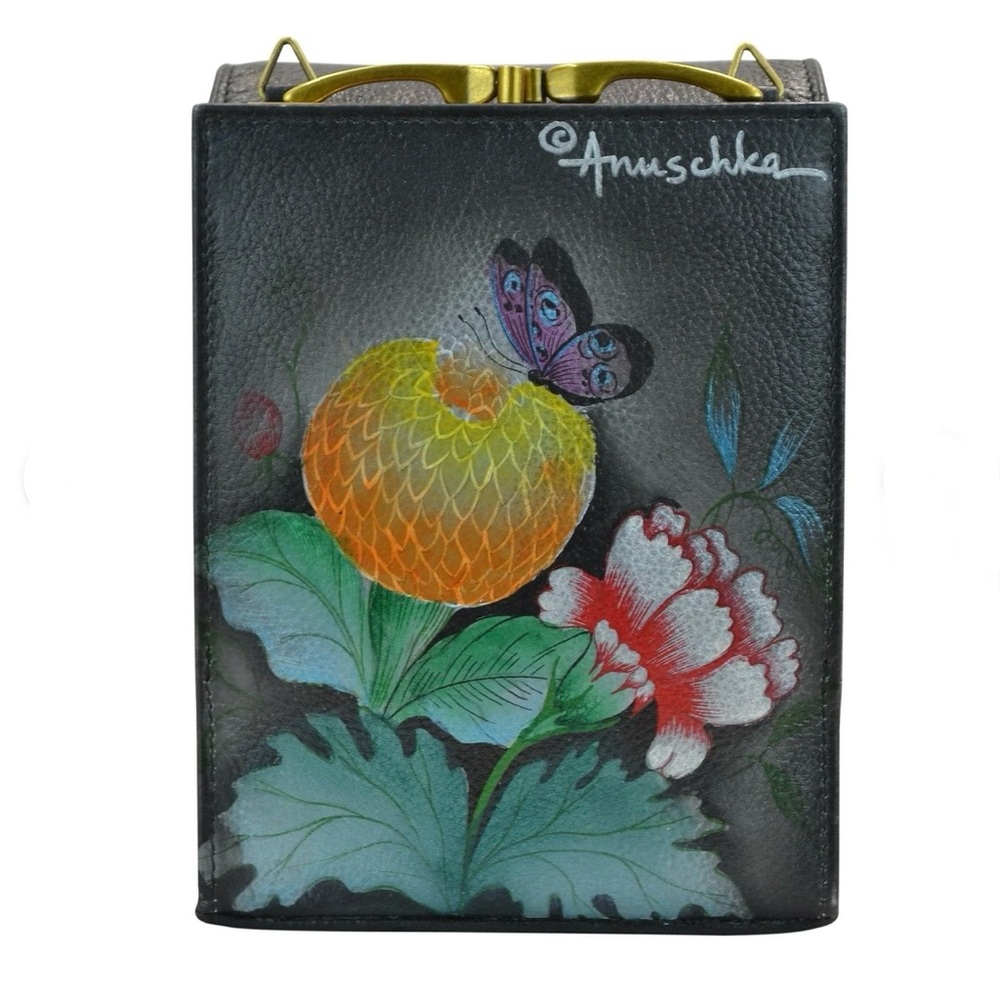 Anuschka Triple Compartment Crossbody Organizer Purse Floral Birds Black Leather